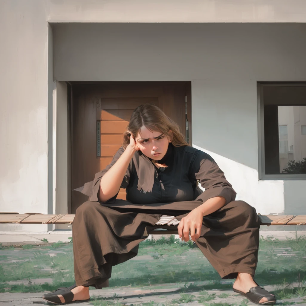 woman sitting on a bench in front of a building talking on a cell phone, with a sad expression, sad expression, edited in photoshop, portrait shot, sad look, mid shot portrait, thinking pose, dramatic serious pose, thoughtful pose, concerned expression, an artistic pose, depressed sad expression, thoughtful expression, frustrated expression, deep in thought