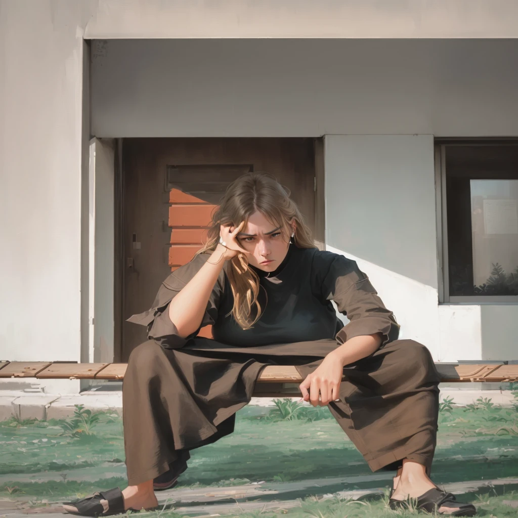 woman sitting on a bench in front of a building talking on a cell phone, with a sad expression, sad expression, edited in photoshop, portrait shot, sad look, mid shot portrait, thinking pose, dramatic serious pose, thoughtful pose, concerned expression, an artistic pose, depressed sad expression, thoughtful expression, frustrated expression, deep in thought
