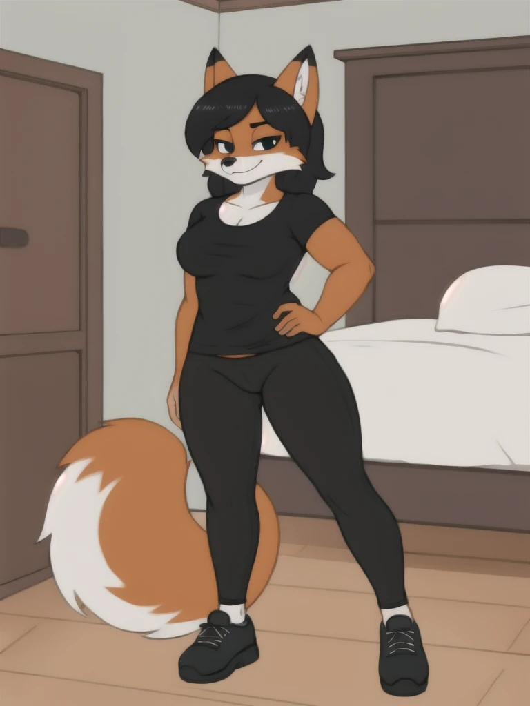 Furry, fox, female, black shirt, black leggings, shoes, bedroom, teen, standing, full body