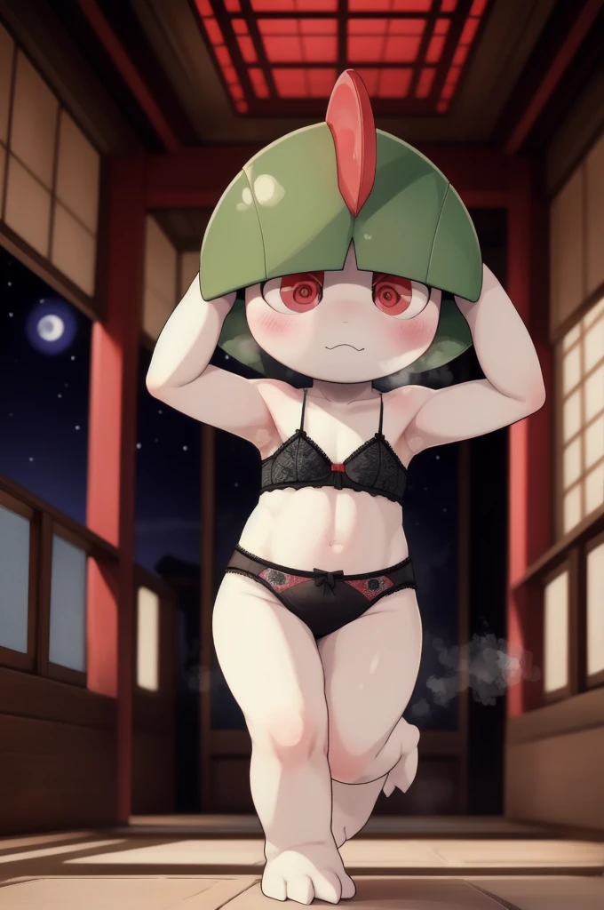 solo, art by dagasi, (toddler:1.1), beautiful girl, Uploaded to e621.net, (Pixelsketcher), (wamudraws), (masterpiece), (HD), (high res), (feet visible), (anthro), (detailed thin fur), (detailed shading), (beautiful render art), anthro Ralts, (toddler Ralts), (hair covering eyes:1.2), red eyes, glowing eyes, neon eyes, hair at nose length, (white thin fur), [(slim figure, flat chest, skinny)], (curvy hips), (beautiful legs), (really dark night:1.5), [zero lighting], northern lights in the background, (wearing black lace lingerie with red, 3 piece lingerie, bra panties and lace garter belt:1.1), full face blush, heavy breath, shy expression, Ralts, posing in a buddhist temple, heart eyes