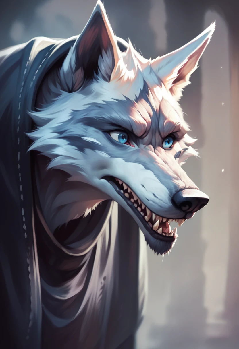 A werewolf with beautiful blue eyes, a cunning and malevolent gaze, detailed anime style, niji colors, best quality, 4k, 8k, highres, masterpiece, ultra-detailed, realistic, photorealistic