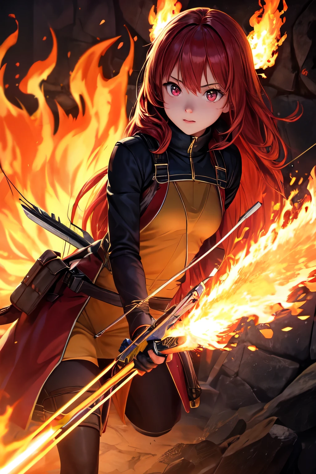 1 girl, long red hair, flaming eye, small one handed crossbow, bright, side lighting, hellish wallpaper