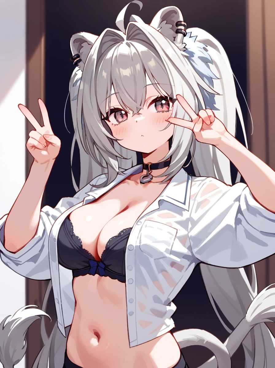 a white haired cartoon character in v-neck bra showing , 1girl, shishiro botan, breasts, lion ears, animal ears, virtual youtuber, long hair, solo, lion girl, shirt, large breasts, cleavage, looking at viewer, choker, tail, navel, grey eyes, ear piercing, white shirt, grey hair