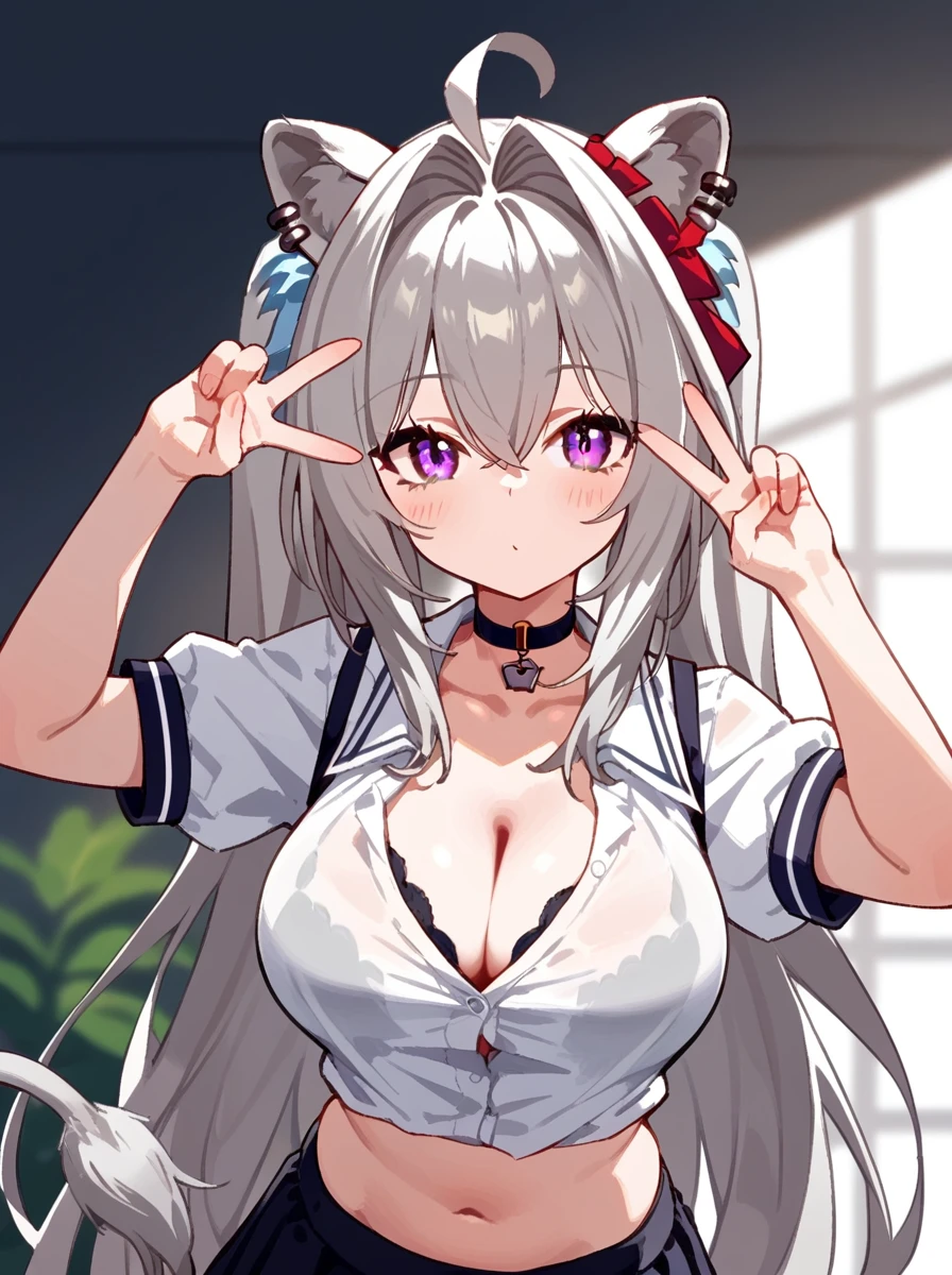 a white haired cartoon character in v-neck bra showing , 1girl, shishiro botan, breasts, lion ears, animal ears, virtual youtuber, long hair, solo, lion girl, shirt, large breasts, cleavage, looking at viewer, choker, tail, navel, grey eyes, ear piercing, white shirt, grey hair