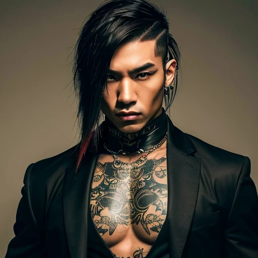 1 man, Japanese man, male, Asian eyes, muscular, broad shoulders, yakuza tattoos, hairstyle Visual Kei style, hair Visual Kei, black men's shirt and black pants, ultra detailed face, hyperrealistic, realistic representation, long hair, long hair, 30 years old, age 30 years, blonde hair