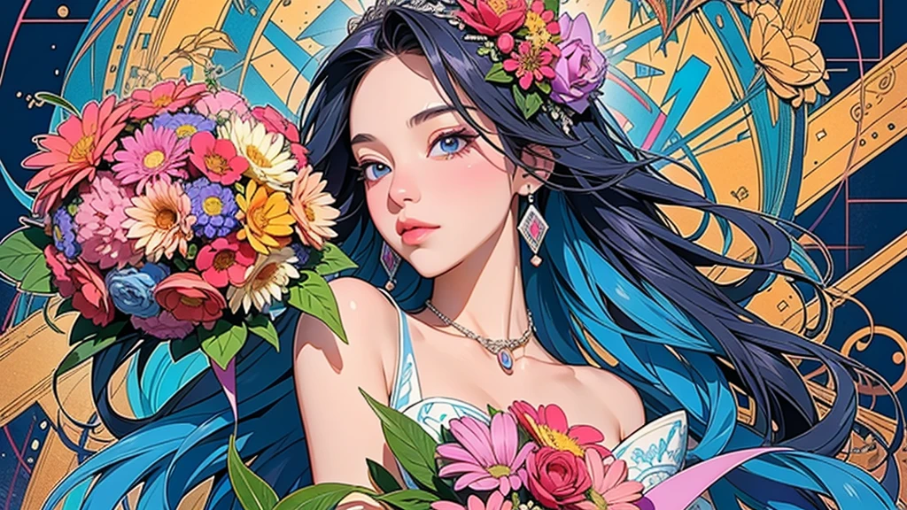(ultra-Detailed Background, Detailed Background), Absurd, High resolution, Super detailed, Very detailed, One girl, (bouquet:1.3), (Tangled:1.2), (Geometric:1.2),(colorful),
