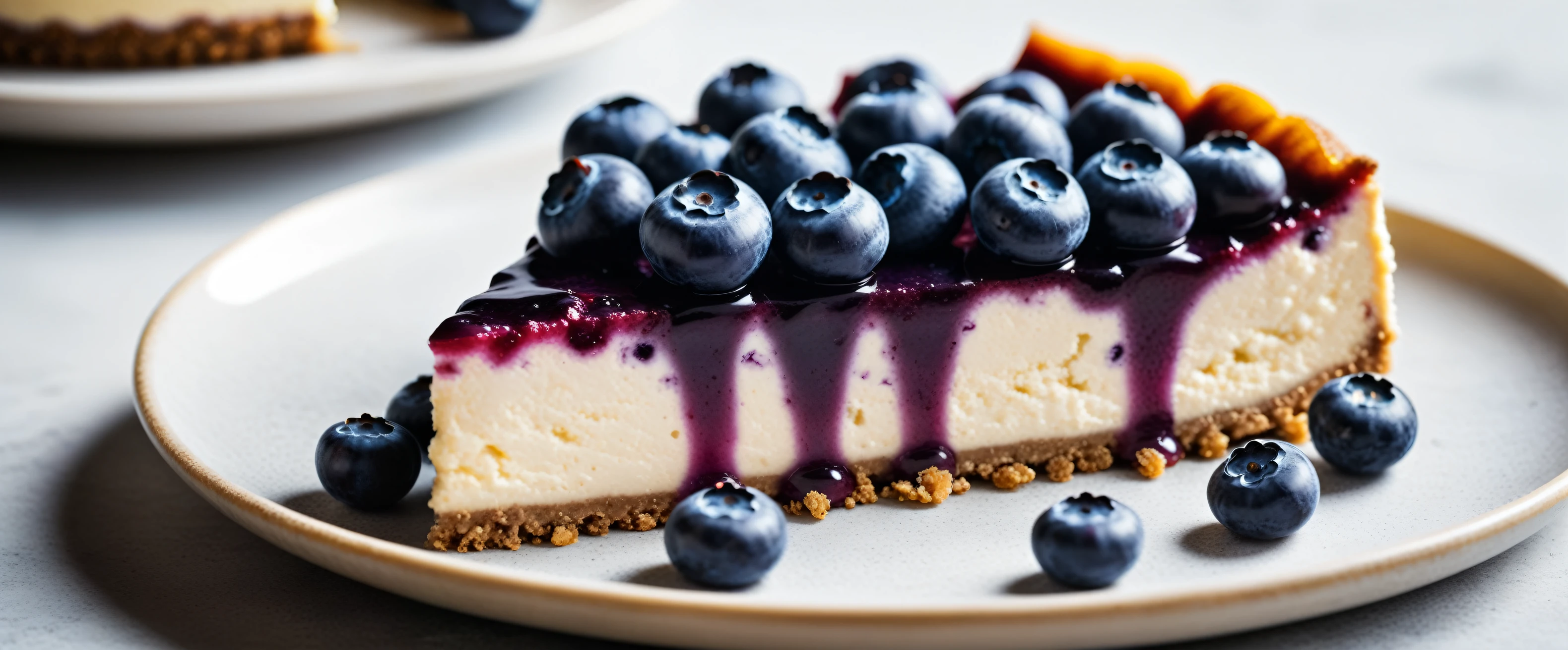 Documentary RAW Photography,a Blueberry Cheesecake, highlighting its exquisite, lacy texture and impeccable balance. The composition should evoke an irresistible urge to taste, with every detail crafted to inspire both amateur and seasoned cooks, (sharpness in detail:1.1), masterpiece, 35mm photograph, (iconic photograph:1.4), (visual storytelling:1.2), film grain, award winning photography,vibrant use of light and shadow, high quality textures of materials, volumetric textures  perfect composition, dynamic play of light, rich colors, epic shot, perfectly quality, natural textures,high detail, photoshadow, (natural colors, correct white balance, color correction, dehaze),(intricate detailed), 8k