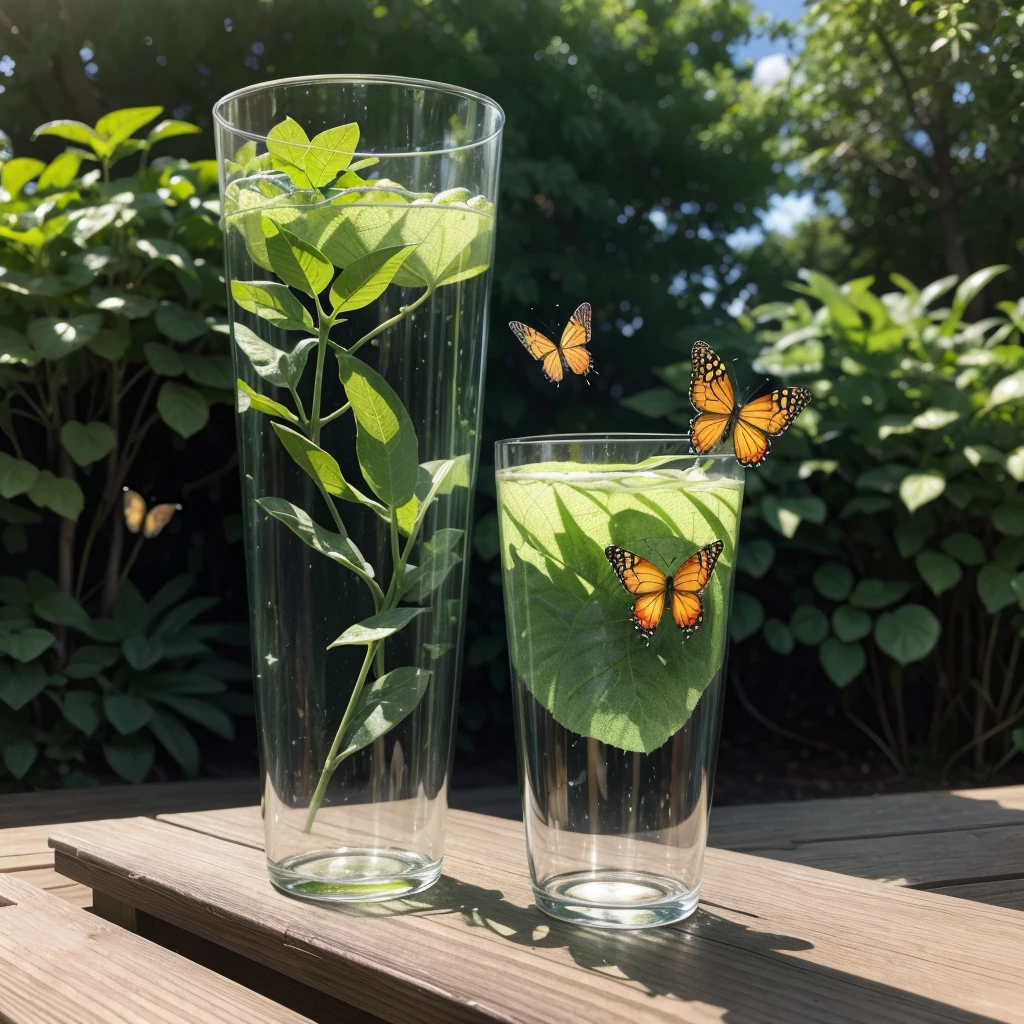 I want a completely transparent acrylic cup on a table with a garden around it and colorful butterflies flying