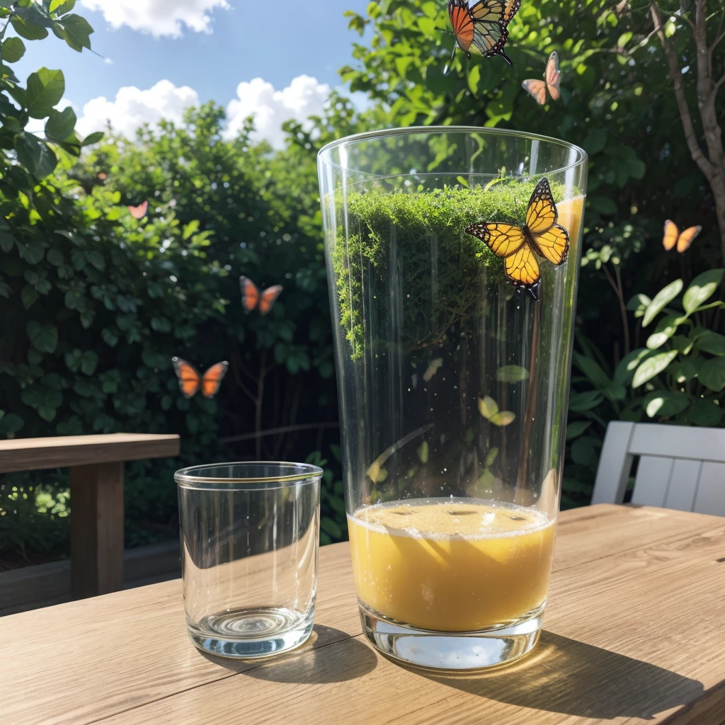 I want a completely transparent acrylic cup on a table with a garden around it and colorful butterflies flying