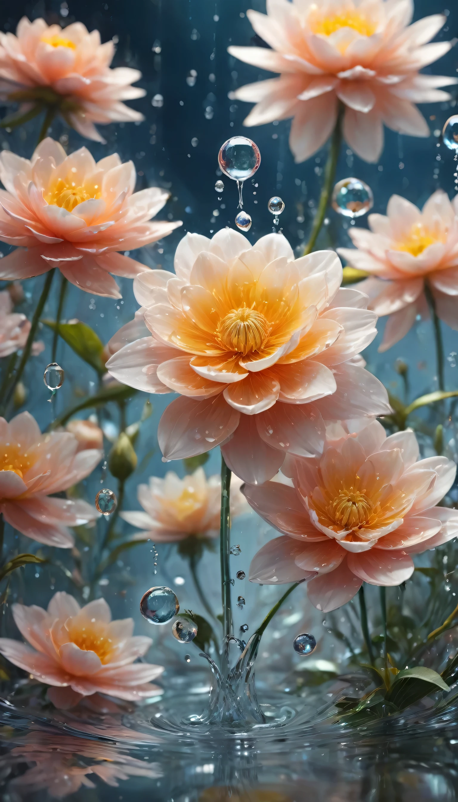 (((Intricate details:1.4))), (((Crazy details:1.4))),(((best quality:1.3))), (((Soft colors 4k highly detailed digital art:1.3))). | close up：Delicate water splashes form magical flowers, Like water reflecting light, Every drop of water is carefully drawn，And used the master-level gouache painting technique,Shrouded in the mysterious atmosphere of light and shadow art, Water splashes everywhere, good environment, Cleverly illuminated,fantasy art behance,Surreal, Its beauty and power are captured,It gives people a solemn atmosphere.