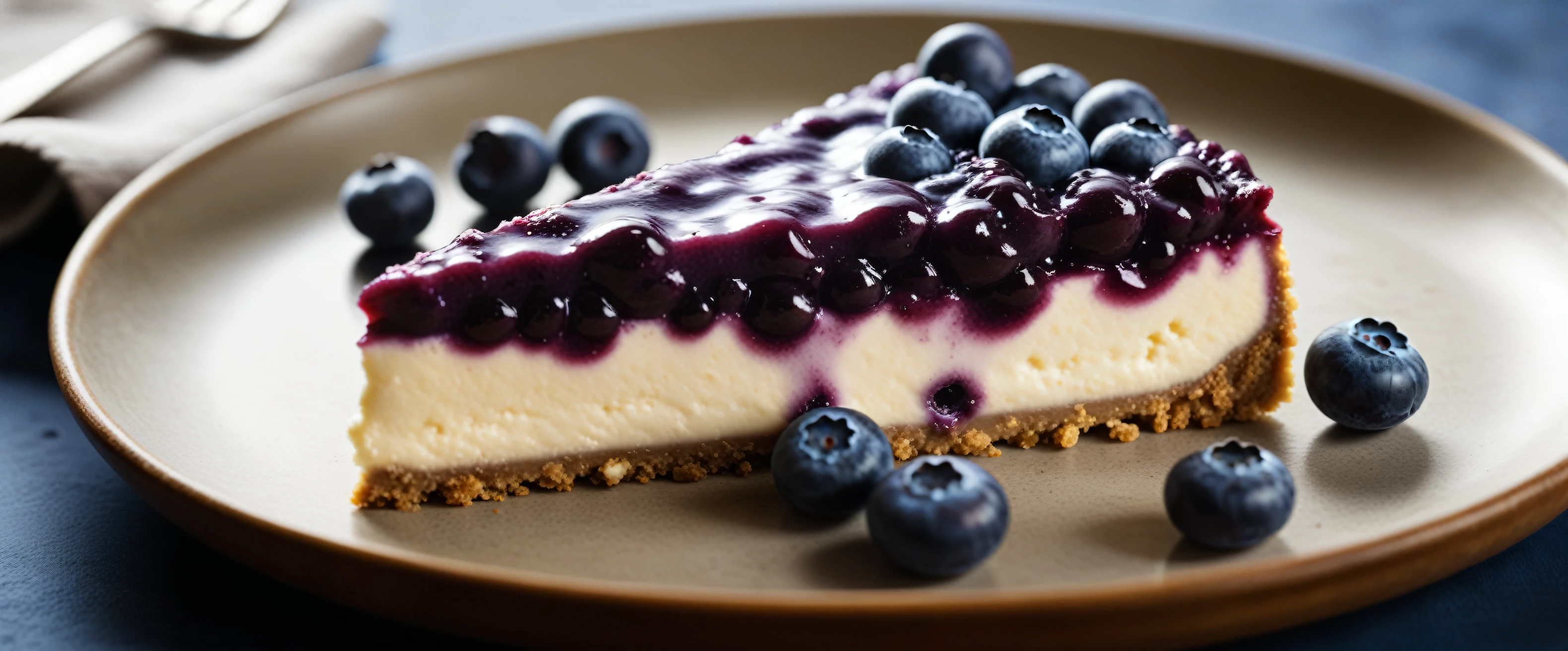 Documentary RAW Photography,a Blueberry Cheesecake, highlighting its exquisite, lacy texture and impeccable balance. The composition should evoke an irresistible urge to taste, with every detail crafted to inspire both amateur and seasoned cooks, (sharpness in detail:1.1), masterpiece, 35mm photograph, (iconic photograph:1.4), (visual storytelling:1.2), film grain, award winning photography,vibrant use of light and shadow, high quality textures of materials, volumetric textures perfect composition, dynamic play of light, rich colors, epic shot, perfectly quality, natural textures,high detail, photoshadow, (natural colors, correct white balance, color correction, dehaze),(intricate detailed), 8k