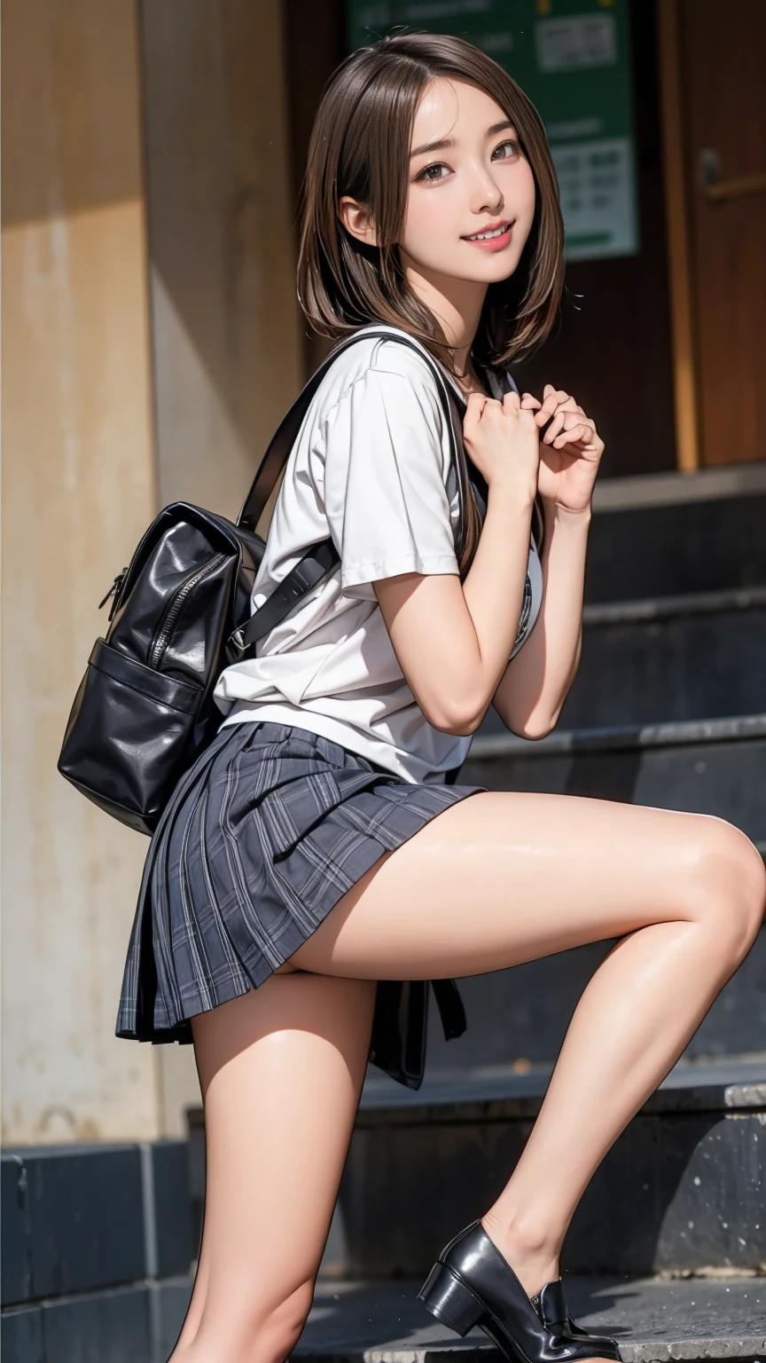 ((masterpiece)),(((Highest quality))),Thin thighs,Long legs,An 18-year-old high school girl standing on the school steps,White shirt,Blue and red plaid mini skirt:1.5,The best smile,White panties:1.5,Short-cut blonde:1.5,short side wave,Carrying a black backpack,Wear black loafers,Lower body zoom up:1.5,Legs spread and butt sticking out pose:1.5,