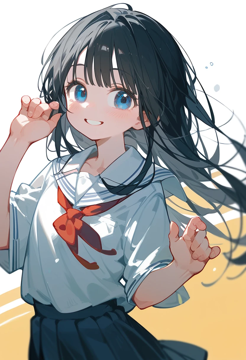 One Girl、Black Hair、Long Hair、Straight Hair、high school student、smile、Dark blue eyes、Big eyes、shirt、Background School