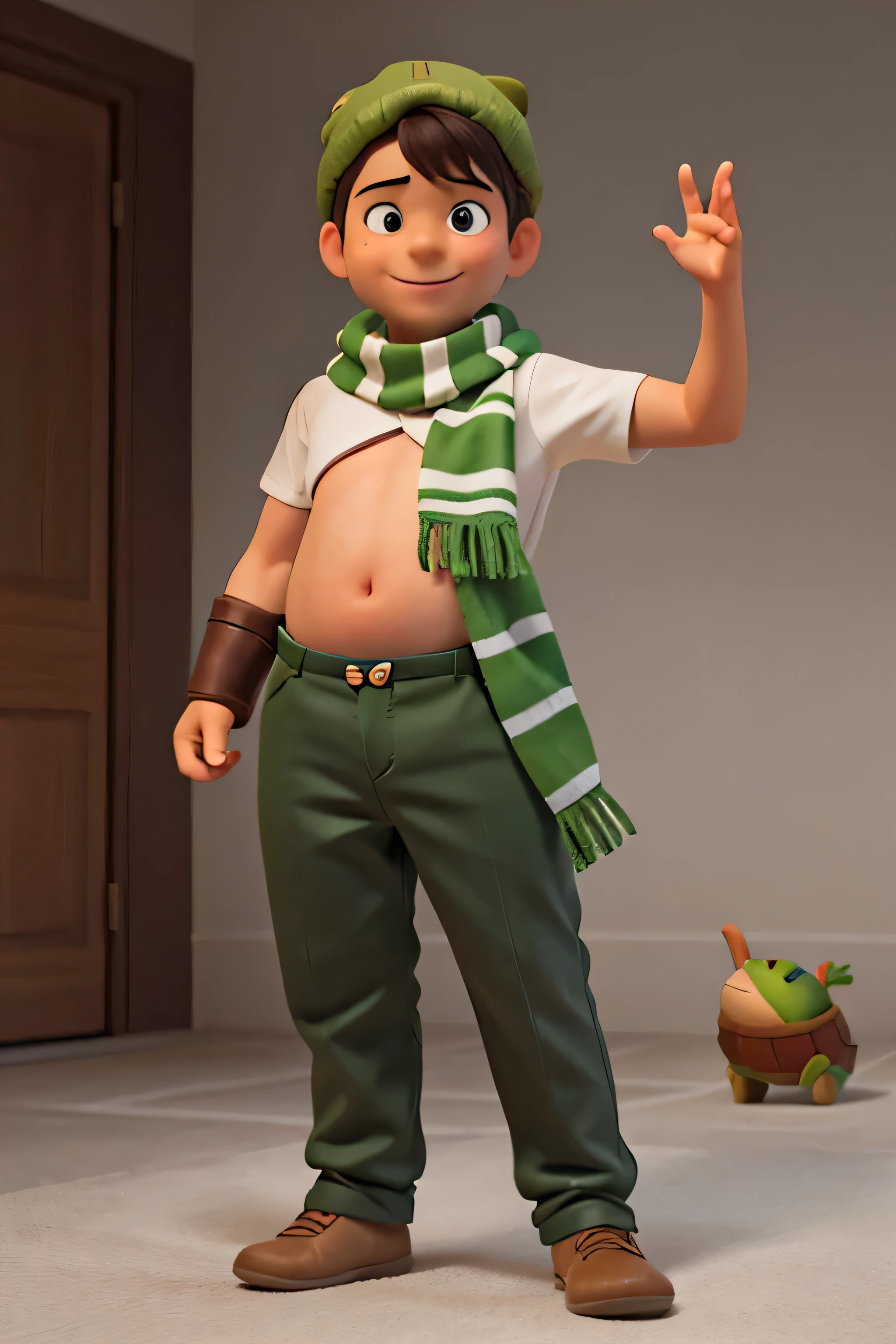 The image features a realistic boy against a dark background. The character has a turtle head, his skin must be completely light green, his belly must look like a turtle's belly, he must have a green striped scarf, he must have no clothes. NO CLOTHES, make him wave, the character is a boy, his entire body should appear in the image. The character's pose is friendly and welcoming, makes him smile and be happy, makes him realistic