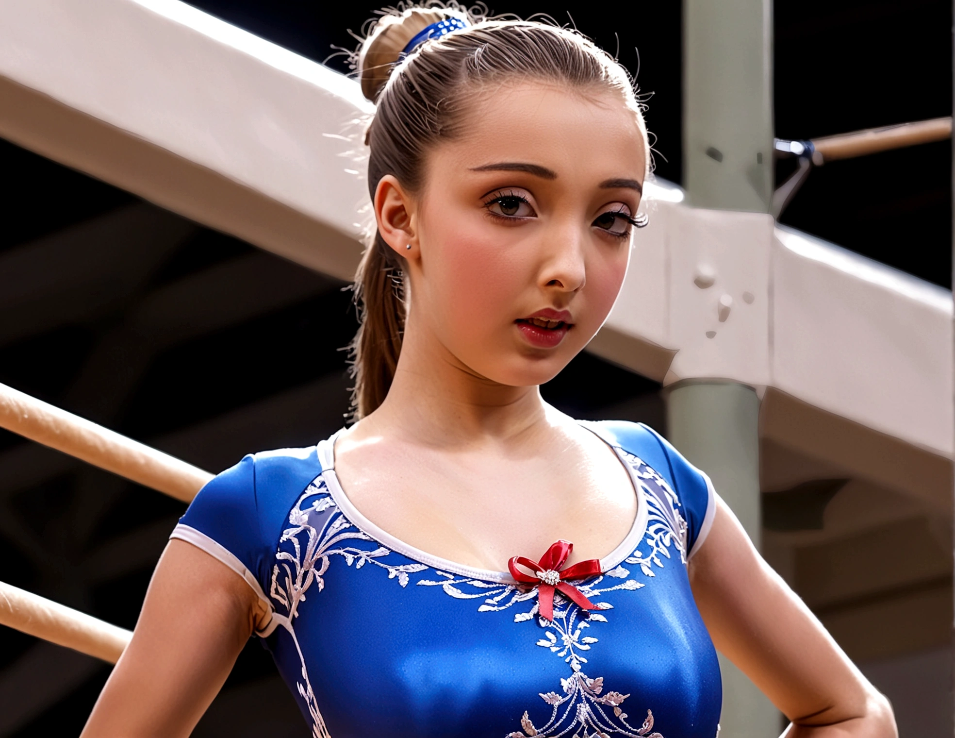 A cute woman with her hair tied back, wearing a cute leotard and gloves, performing feats of acrobatics in a gymnasium, a crowd watching from the bleachers, (best quality,4k,8k,highres,masterpiece:1.2),ultra-detailed,(realistic,photorealistic,photo-realistic:1.37),HDR,UHD,studio lighting,ultra-fine painting,sharp focus,physically-based rendering,extreme detail description,professional,vivid colors,bokeh,highly detailed,photorealistic,elegant,dynamic pose,athletic,gymnastics,acrobatics,crowd,bleachers,gymnasium,beautiful detailed eyes,beautiful detailed lips,extremely detailed eyes and face,long eyelashes,1girl