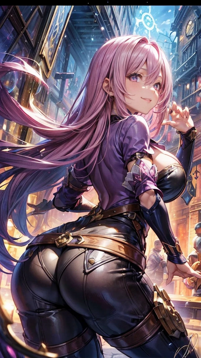 (1 Mature Alchemist,Age 35), ((Pub,guild)),(smile),Dynamic pose,Dynamic Angle,Pose for a photo,From below,Elderly woman、Trading Card Game Frames、Highest Rare、Five Fingers、Signature mark、Big Butt、Pink Hair、Alchemist、Spell Card