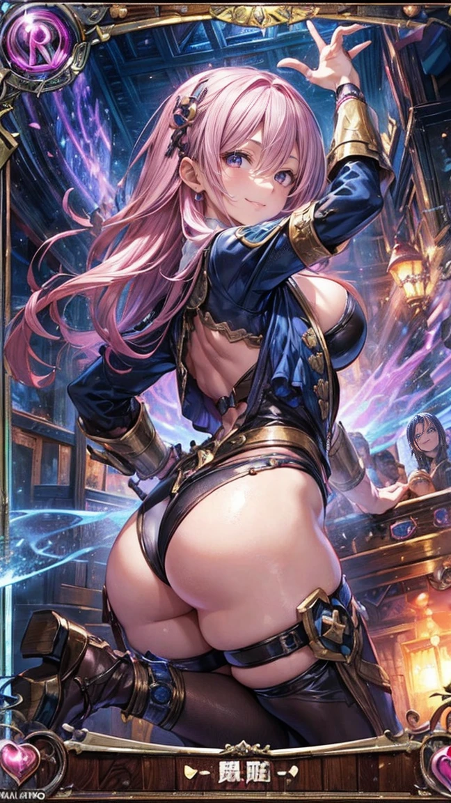 (1 Mature Alchemist,Age 35), ((Pub,guild)),(smile),Dynamic pose,Dynamic Angle,Pose for a photo,From below,Elderly woman、Trading Card Game Frames、Highest Rare、Five Fingers、Signature mark、Big Butt、Pink Hair、Alchemist、Spell Card