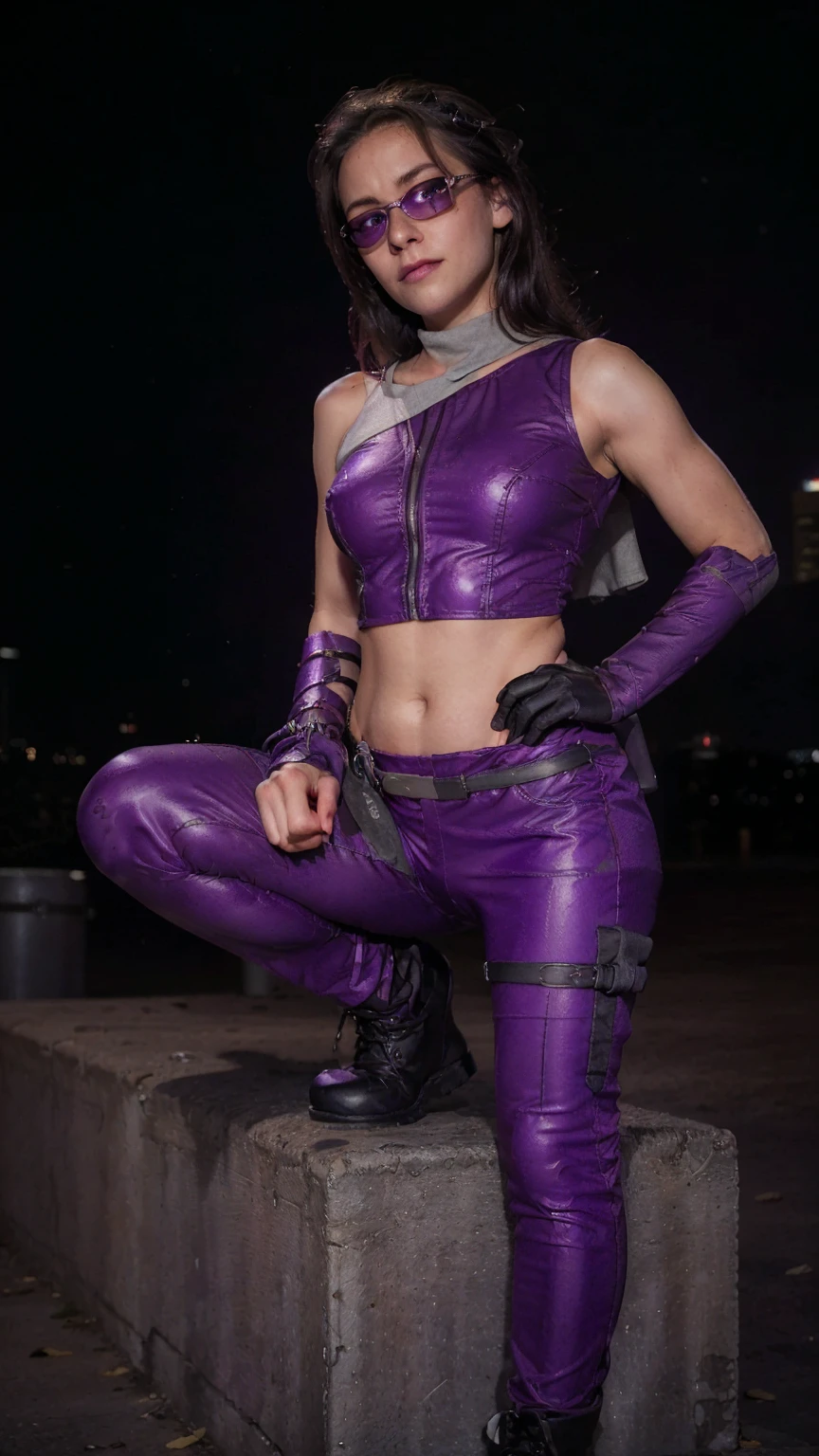(masterpiece), (photorealistic1.4), (1 girl), (solo), (best quality), (epiCRealLife), (Kate Bishop long hair), (sleeveless top), (kateb2023 black utility belt), (kateb2023 purple costume), (purple pants) (kateb2023 purple sleevless bodysuit), (kst3w),(white scarf), (kateb2023 purple sunglasses) (bare shoulder), (night time), (kateb2023 wearing black boot), (elbow gloves), (abs), (flash photography), (flashphoto), (outdoor), , (sunset), (wearing black boots), (look at viewers),(light smile), (squatting), (city night view), (standing on new york city top)