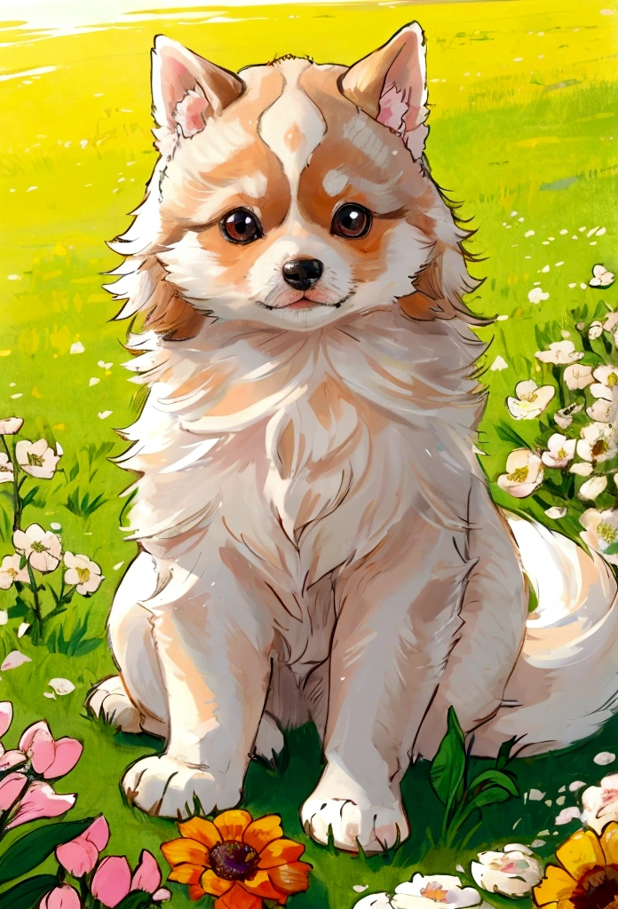 beautiful siberian puppy, playing with flowers in the spring, warm and sunny day, image that generates tenderness,  