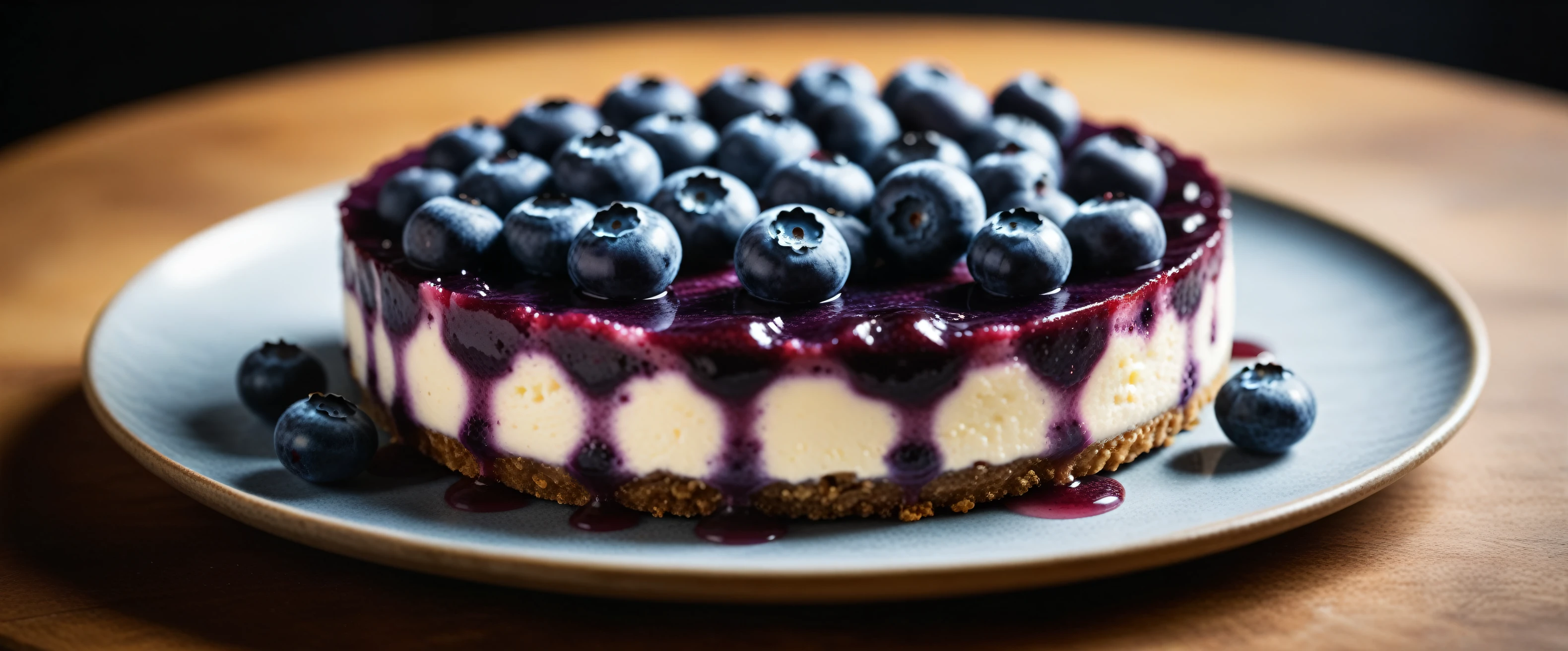 Documentary RAW Photography,a Blueberry Cheesecake, highlighting its exquisite, lacy texture and impeccable balance. The composition should evoke an irresistible urge to taste, with every detail crafted to inspire both amateur and seasoned cooks, (sharpness in detail:1.1), masterpiece, 35mm photograph, (iconic photograph:1.4), (visual storytelling:1.2), film grain, award winning photography,vibrant use of light and shadow, high quality textures of materials, volumetric textures perfect composition, dynamic play of light, rich colors, epic shot, perfectly quality, natural textures,high detail, photoshadow, (natural colors, correct white balance, color correction, dehaze),(intricate detailed), 8k