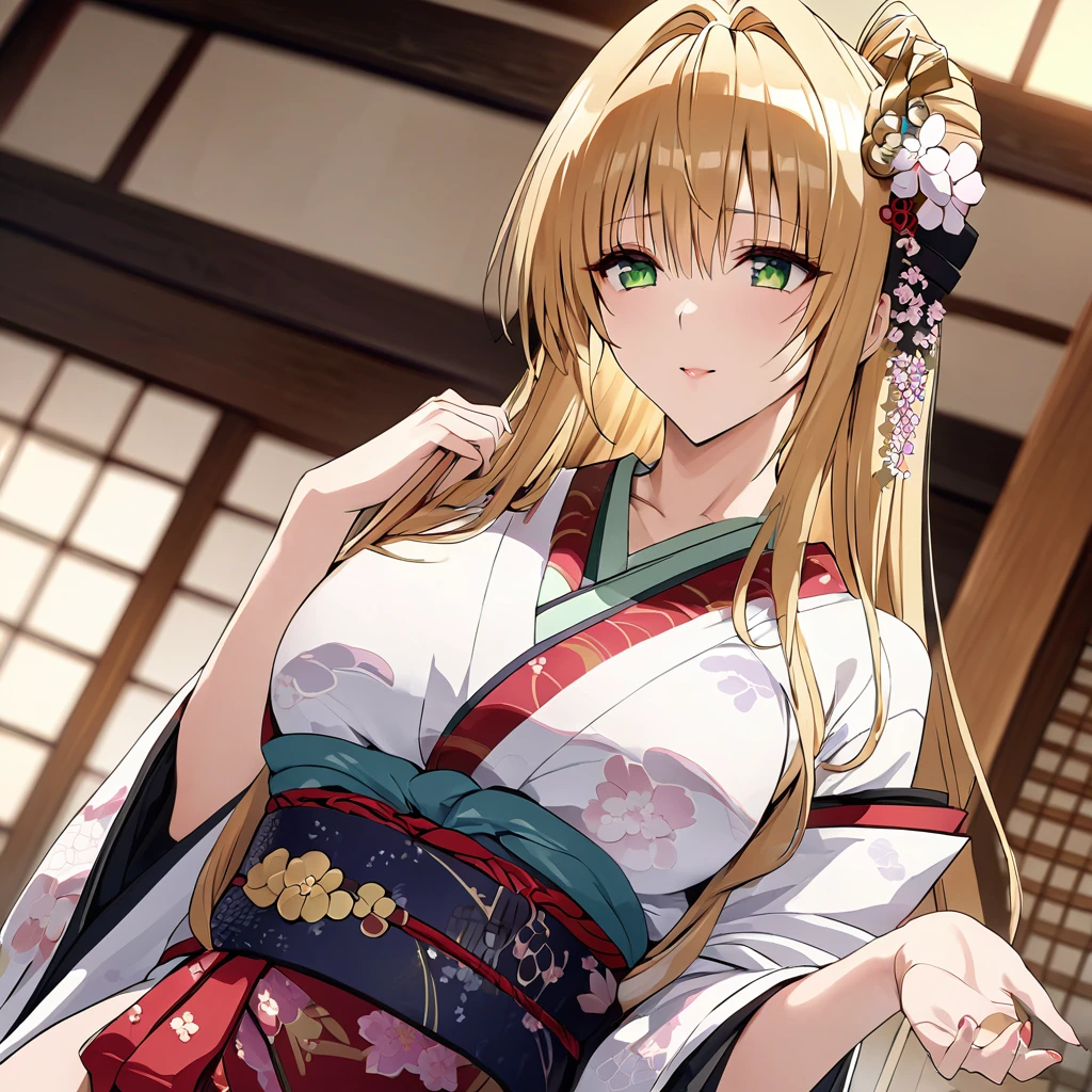 ((Highest quality)), ((masterpiece)), (detailed), （Perfect Face）、The woman in the Japanese garden is a Japanese tea lady, wearing a gorgeous and dazzling kimono of a courtesan, a gorgeous hair ornament, gorgeous jeweled accessories and an engagement ring.、The woman is an elegant Tierre with green eyes and blonde medium-long hair in a geisha hairstyle. The woman is a Japanese Tierre wearing a kimono geisha costume.