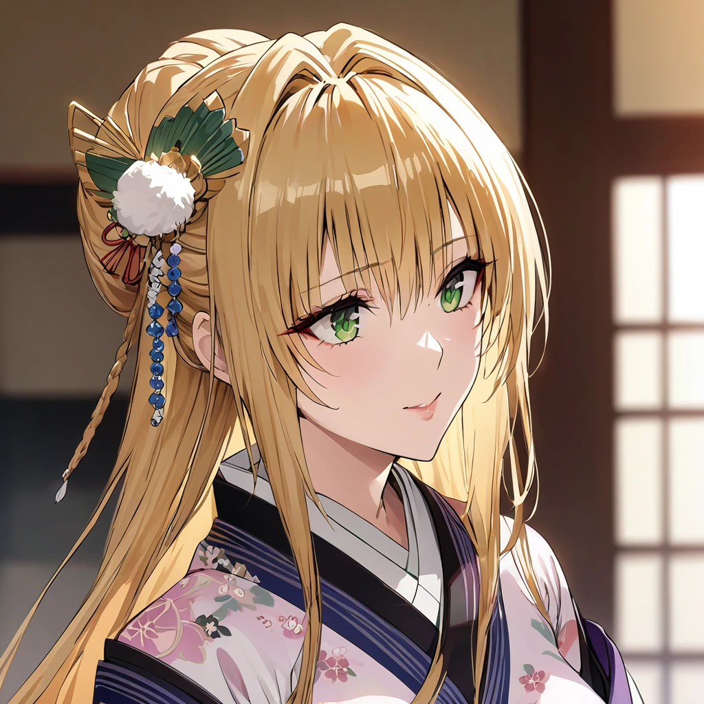 ((Highest quality)), ((masterpiece)), (detailed), （Perfect Face）、The woman in the Japanese garden is a Japanese tea lady, wearing a gorgeous and dazzling kimono of a courtesan, a gorgeous hair ornament, gorgeous jeweled accessories and an engagement ring.、The woman is an elegant Tierre with green eyes and blonde medium-long hair in a geisha hairstyle. The woman is a Japanese Tierre wearing a kimono geisha costume.