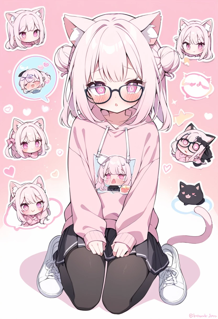I have white pink hair, cat ears, a bun, my face is super blushing, black glasses, pink heart eyes, a big pink sweatshirt, a black skirt, black stockings, white shoes, a cat's tail, a girl. very shy that her parents are millionaires