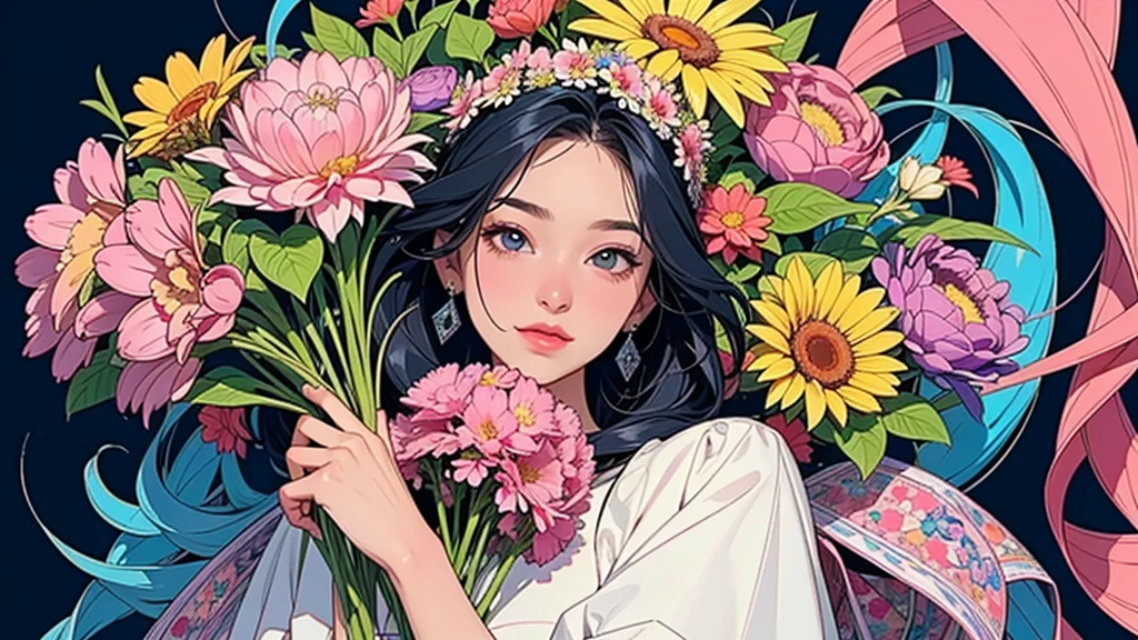 (ultra-Detailed Background, Detailed Background), Absurd, High resolution, Super detailed, Very detailed, One girl, (bouquet:1.3), (Tangled:1.2), (Geometric:1.2),(colorful),