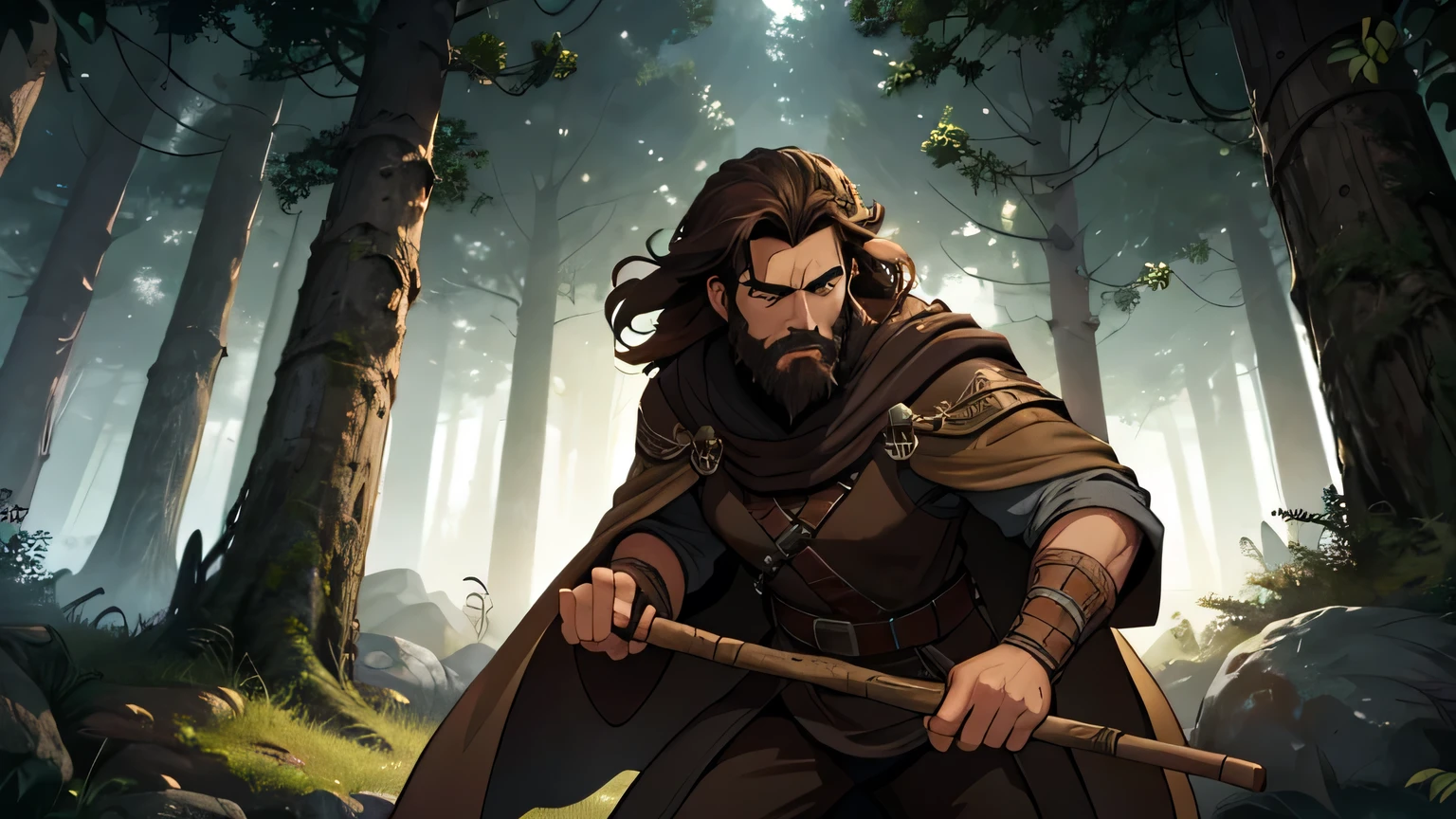 motion scene of man with dark brown beard, long dark brown hair, light yellow-brown eyes and dark brown and light brown tunic from the 4th century BC. C., with a light brown cloak, about 50 years old, attacking with a wooden stick, in a dark and mysterious forest at night, movement scene in the forest, changing lighting, hyper-realistic, cinematic lighting,