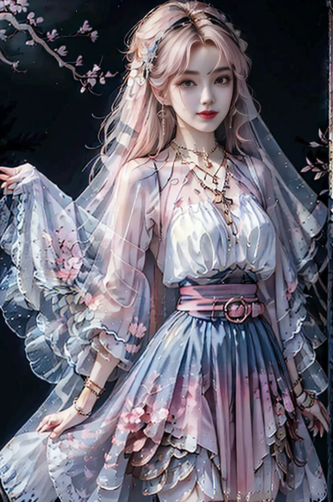 ((white background)), ((Clip art )), ((sticker)), ((upper body)), ((realistic)), ((from side)), (Close up), 1 Asian female model, A young girl, the night, starrysky, (In the gazebo, Sit Pose, Cross ed leg, leaning against pillars), pretty pose, Eye-catching poses, Detailed scenes, Coiled hair, (Hairpins, Beautiful hair accessories), Brownish-yellow hair, light make-up, Blushlush, pretty legs, ((period costume, high-waist, Nice belt, high-heels)), (Dark blue: 1.1, in pink: 1.1, white colors: 1.4), ((warm lights, a warm color palette)), (Extremely high color saturation), Detailed details, Super detailed, (tmasterpiece, best qualtiy), (An extremely delicate and beautiful work), Delicate earrings, Delicate necklace, Simple blurred background, Extreme detail description, Ultra-fine painting, Delicate face, slim toned body, Slimming the waist, ssmile, (anatomy correct)