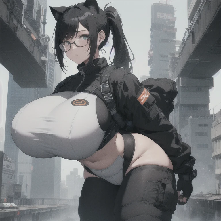 Absurd resolution,high resolution,(masterpiece: 1.4),hyper-detail,fullbody shot head to toe,full frontal camera perspective,solo,shorter,standing, glasses,kemono feline cat futanari, puffy inverted nipple silhouette,no skin other than neck and head shown,airtight suit with groin padding,black hair,messy ponytail,cute face,detailed soft grey luminous eyes,huge massive hyper super swollen heavy milky breasts,breasts so big that cover her whole torso and are bigger than her head while being so big they reach her belly button,extremely super large swollen perky heavy bust,super huge enormously gigantic tits,gigantic breasts stretching/straining out of her outfit looking like they are about to burst out,breasts compressed squishing barely contained in outfit,inflated breasts,breasts_expansion,super gigantic swollen heavy tits,wide full hips,narrower torso and shoulders,smaller torso,narrower waist,full thicc big soft thighs,thicc big full thighs,big rounded full soft butt,thicc butt,ruggedized utility styled outfit,fully insulated suit,full body outfit coverage with no skin showing or revealed,airtight/watertight zippers and seals,scifi monochrome black and grey fullbody covering protective padding rugged loose-fitted pilot utility suit with strategically placed protective padding,white zipped utility cropped top for breasts support with a black strap horizontal across cleavage worn on top of suit,tactical strategic angular-patterned protective padding on hips and thighs and abdomen,practical/functional clothing,weather-proof durable clothing material,nylon clothing material,custom made clothing to fit and support large breasts,scifi padded rugged rigid high collar cropped cutout fitted techwear jacket,armored high collar,white and black triangular decals and techwear iconography on apparel and clothing,techwear gloves,ruggedized tech,ruggedized tech aesthetic,fitted utility pants,utility chaps,near future scifi,cyberpunk aesthetic,anime aesthetic,tactical aesthetic