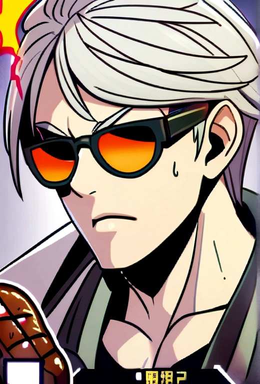 Red and white hair, 1 boy, fps game, Grilled meat,  sunglasses 