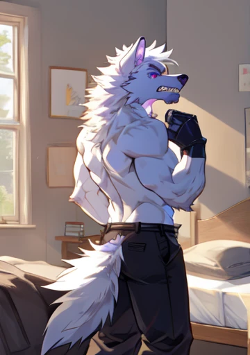 All White wolf, anthropomorphic, bedroom, shirtless, purple eyes, angry, showing teeth, standing, male,