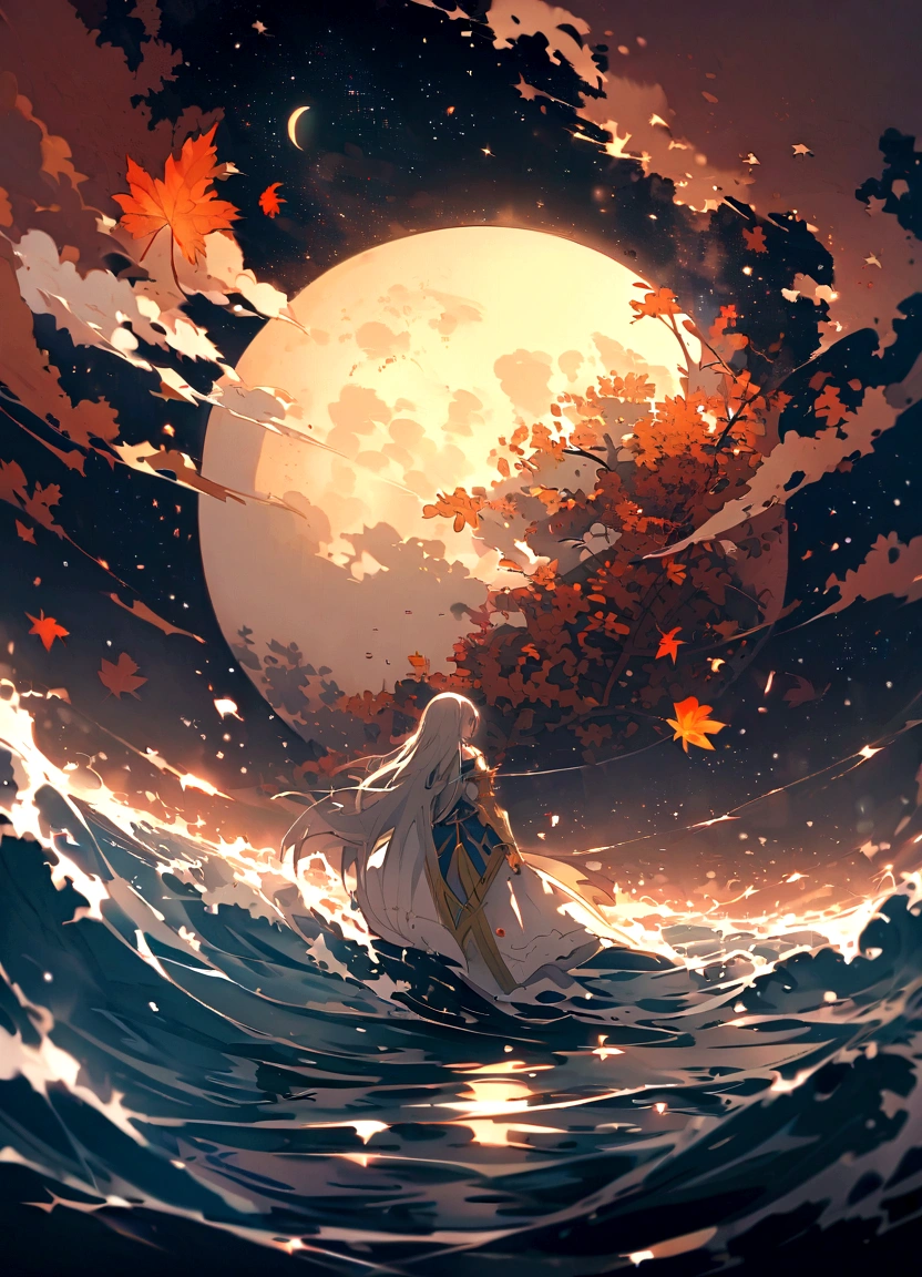 Mid-autumn night view，Not a single person，Beautiful views，The moon is reflected on the waves，Heaven and earth are pure，Autumn colors are clear，Everything was beautiful，The starry sky hides its brilliance，Give way to moonshine，Golden wind and water dew reflect dazzling ligh that the human world has changed a lot，The moon is still permanent