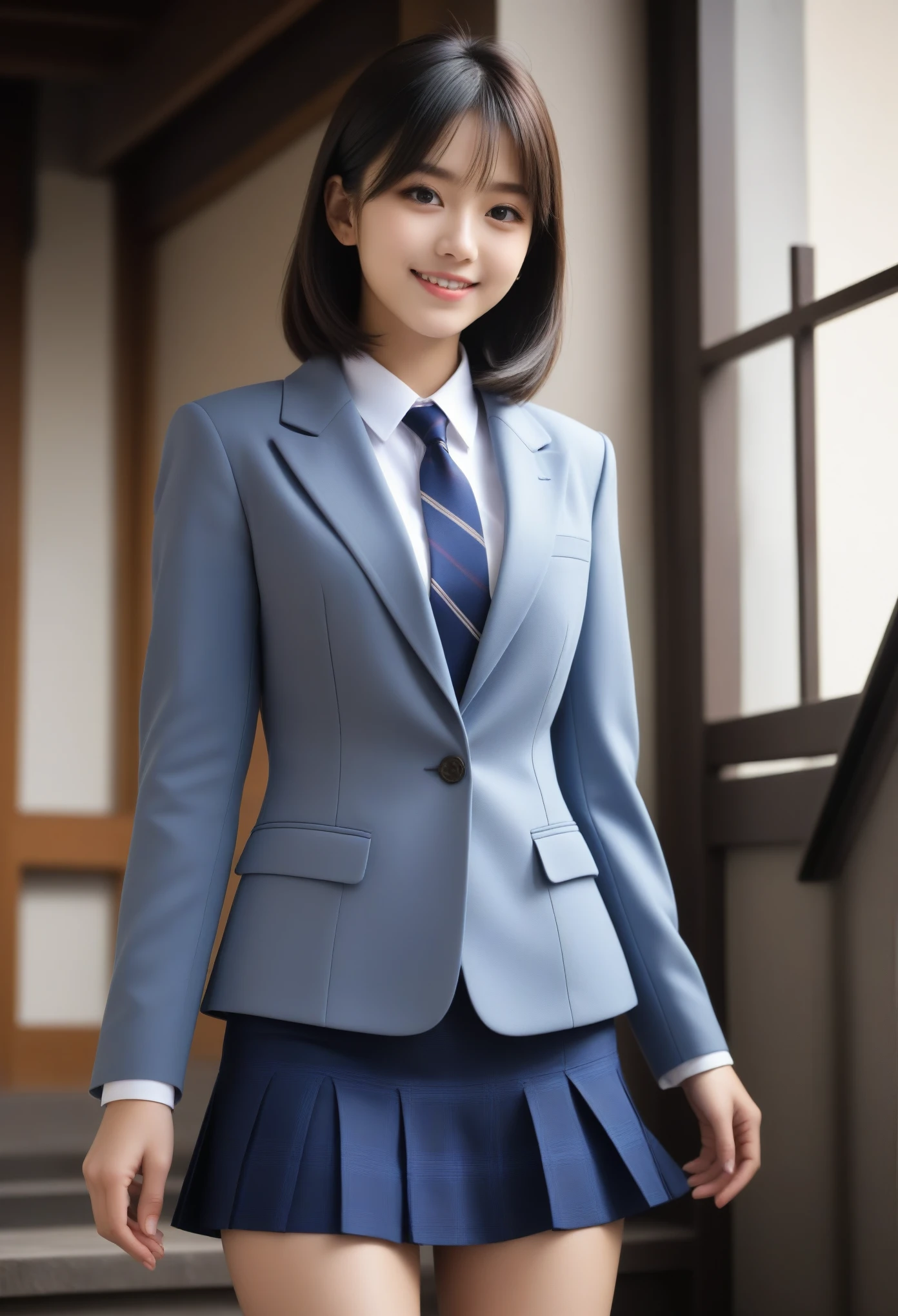 8K, Ultra-high resolution, Highest quality, masterpiece, 三分割法によるphotograph,Surreal, photograph, 1 Girl, (:1.3), pretty girl, Cute face, Beautiful eyes in every detail, 細かくdetailedに,masterpiece,, One Girl:1.2, Japan Female Announcer、Cowboy Shot,((very small head:1.3)),Center-parted bangs,amount,Black Hair,Short Bob,Long Hair,Iris,Gorgeous eyes,smile,((Toned body,Slender body,skinny)),(school uniform、Dark blue blazer jacket、Navy blue tie、Grey plaid pleated mini skirt,loafers),Glowing Skin,Shiny skin,Climbing the stairs,Fire escape in a building,Back view,Turn around and look at the audience,Beautiful leg line beauty,Captivating thighs,Full of sex appeal,Sensual,屈託のないsmile,Heal the heart,Ultra low angle、beauty,Long neck、Laugh a little、Please close your mouth and laugh、(((Ideal body type))),A cup small breasts :2,、Portraiture:2、Perfect Anatomy、鮮明なdetailed、detailed、Surreal、Light and shadow,Strong light