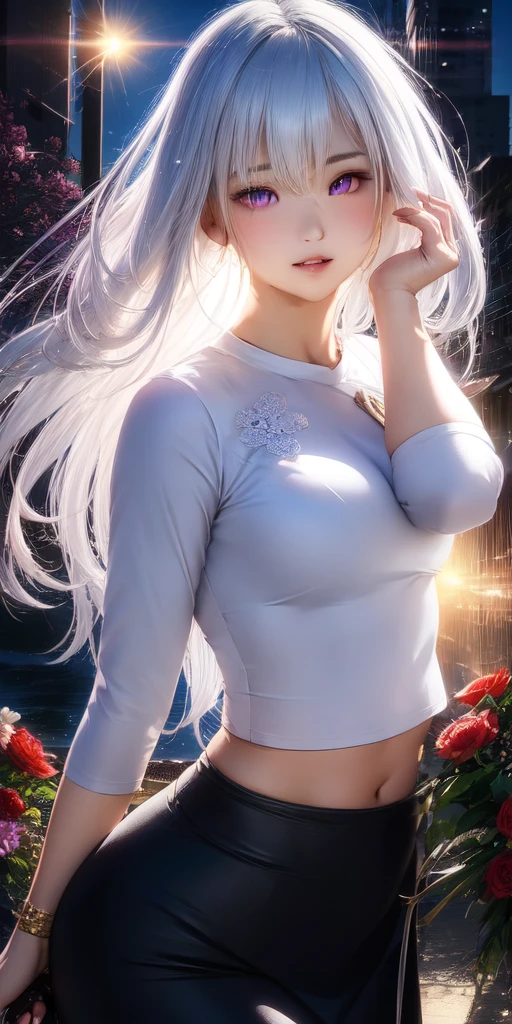 realistic, 1girl, white hair, purple eyes, glowing eyes, crop top, skirt, parted lips, blush, night, flowers, sun, sunlight,