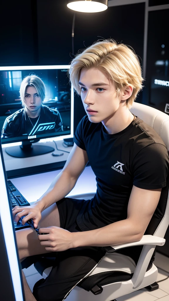 Create an image of a young man aged between 18 to 23 years old. He has blonde hair and light-colored eyes. The young man is seated at a gamer setup with multiple monitors and gaming accessories visible. He is facing the camera, with the focus centered on him, while the background is blurred to emphasize his presence. The lighting should be soft, highlighting his facial features and the gaming environment.