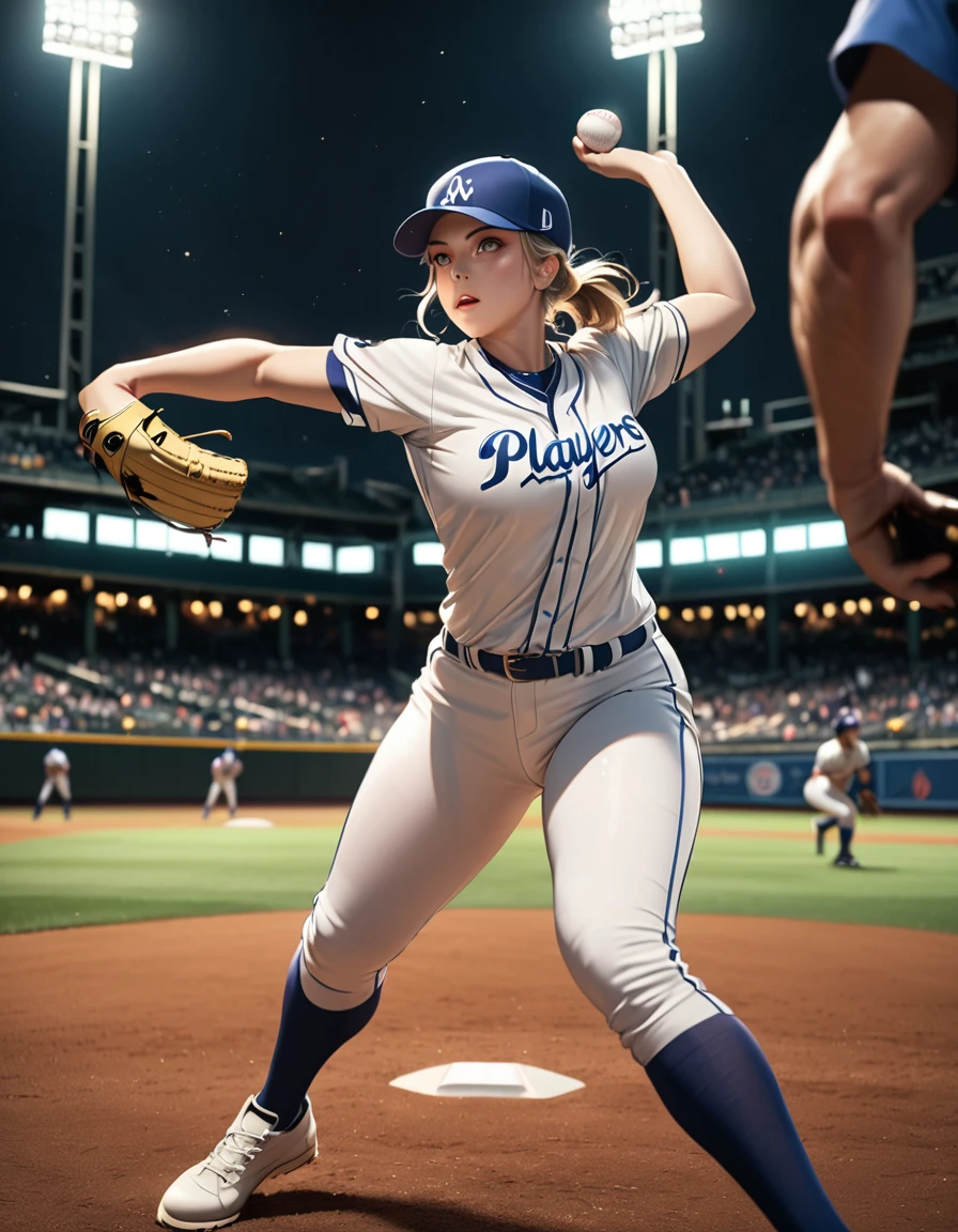 a female pitcher winds up to throw a fastball on the pitcher's mound, intense expression, powerful leg kick, facing off against a muscular power hitter batter, umpire's perspective, baseball stadium at night, players wearing tight sports uniforms and baseball caps, dynamic motion, adrenaline-filled baseball game, cinematic lighting, photorealistic, 8k, ultra-detailed, masterpiece