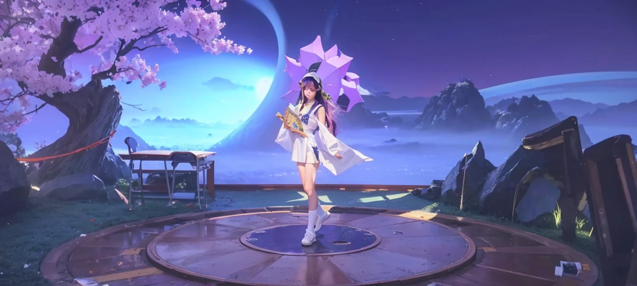 An eighteen-year-old young woman with long purple hair in a sailor suit sits in a classroom (school 1.5 in the background) (expression serious, cold 1.5) (best quality: 1.1) (masterpiece: 1.3) with an unparalleled masterpiece, surreal 8K, perfect artwork, super detail, best quality, masterpiece 4K wallpaper aesthetics, masterpiece, award-winning artwork, official art, cinematic lighting