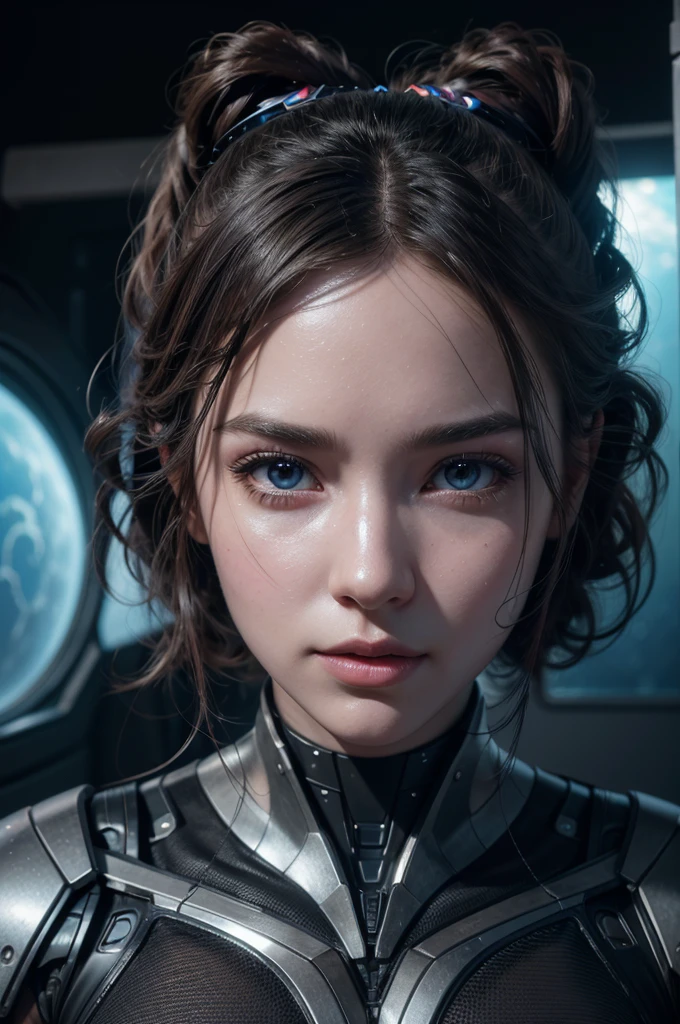 a sexy and beautiful young female robot in a space station, 8k, ultra-detailed, photorealistic, highly detailed, volumetric lighting, extremely detailed face and eyes, long eyelashes, intricate details, concept art, vibrant colors, cinematic lighting, dramatic lighting, sci-fi, futuristic, advanced technology, sleek design, seamless integration, meticulously crafted, masterpiece
