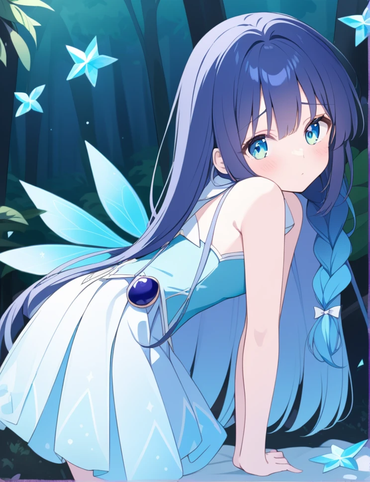 Blueberry girl,sad,blue magical girl,cyan eyes,long straight hair,cyan braids on side,cyan fairy wings,magical forest background,2k,cyan crystal,adult,cyan accesorie,dark blue hair