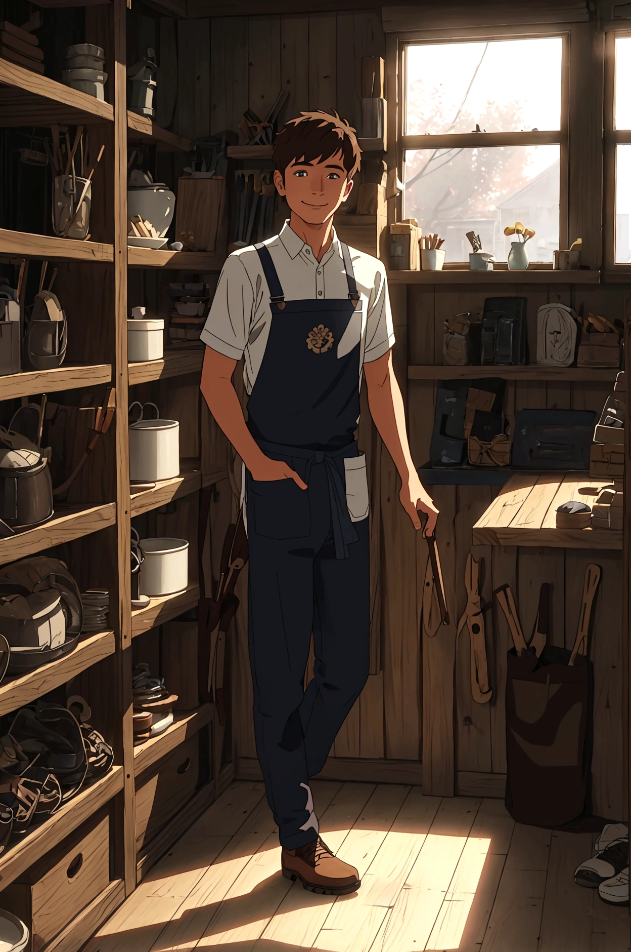 Sam, a 25-year-old shoemaker, stands with a warm smile in his cozy shoes shop. The view captures him from his stomach to his head, emphasizing his welcoming demeanor. His hair is neatly styled, and he has a gentle stubble. Sam's attire remains practical and tidy: a white shirt with rolled-up sleeves, brown suspenders securing dark trousers, and a well-worn leather apron adorned with various tools.Behind Sam, the shelves are neatly arranged with a variety of shoes—work boots, elegant heels, and casual sneakers. The walls of the shop are adorned with framed photographs showcasing the shop's heritage and craftsmanship. In the foreground, a cluttered wooden workbench displays tools and shoe repair materials, with a steaming cup of tea placed nearby.Soft daylight filters through a small window, casting warm light onto the wooden floor. Sam's eyes reflect both skill and empathy, embodying his dedication to his craft and his genuine care for his customers. The overall atmosphere is cozy and inviting, reflecting the heart of Sam's small business.