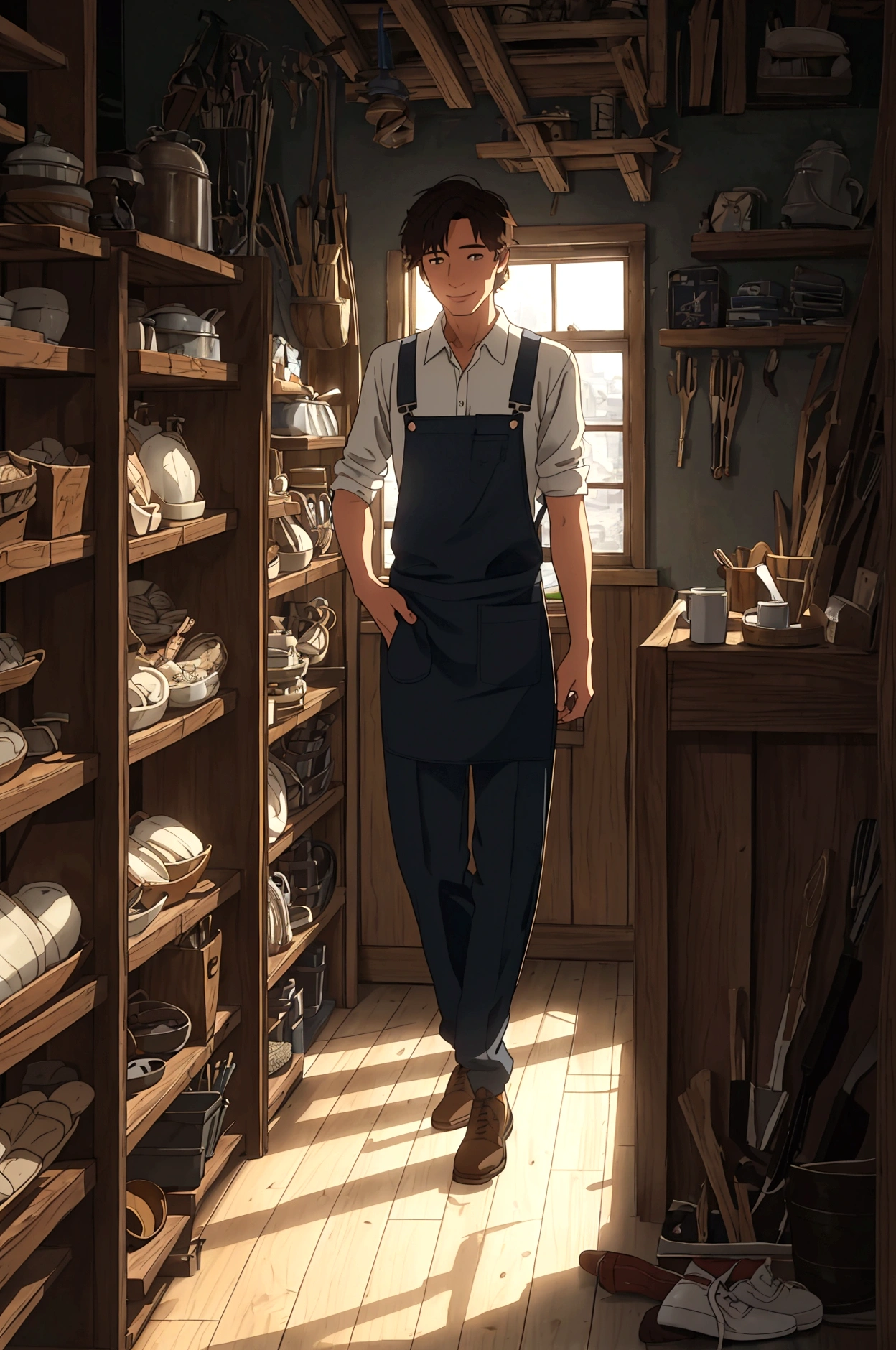 Sam, a 25-year-old shoemaker, stands with a warm smile in his cozy shoes shop. The view captures him from his stomach to his head, emphasizing his welcoming demeanor. His hair is neatly styled, and he has a gentle stubble. Sam's attire remains practical and tidy: a white shirt with rolled-up sleeves, brown suspenders securing dark trousers, and a well-worn leather apron adorned with various tools.Behind Sam, the shelves are neatly arranged with a variety of shoes—work boots, elegant heels, and casual sneakers. The walls of the shop are adorned with framed photographs showcasing the shop's heritage and craftsmanship. In the foreground, a cluttered wooden workbench displays tools and shoe repair materials, with a steaming cup of tea placed nearby.Soft daylight filters through a small window, casting warm light onto the wooden floor. Sam's eyes reflect both skill and empathy, embodying his dedication to his craft and his genuine care for his customers. The overall atmosphere is cozy and inviting, reflecting the heart of Sam's small business.