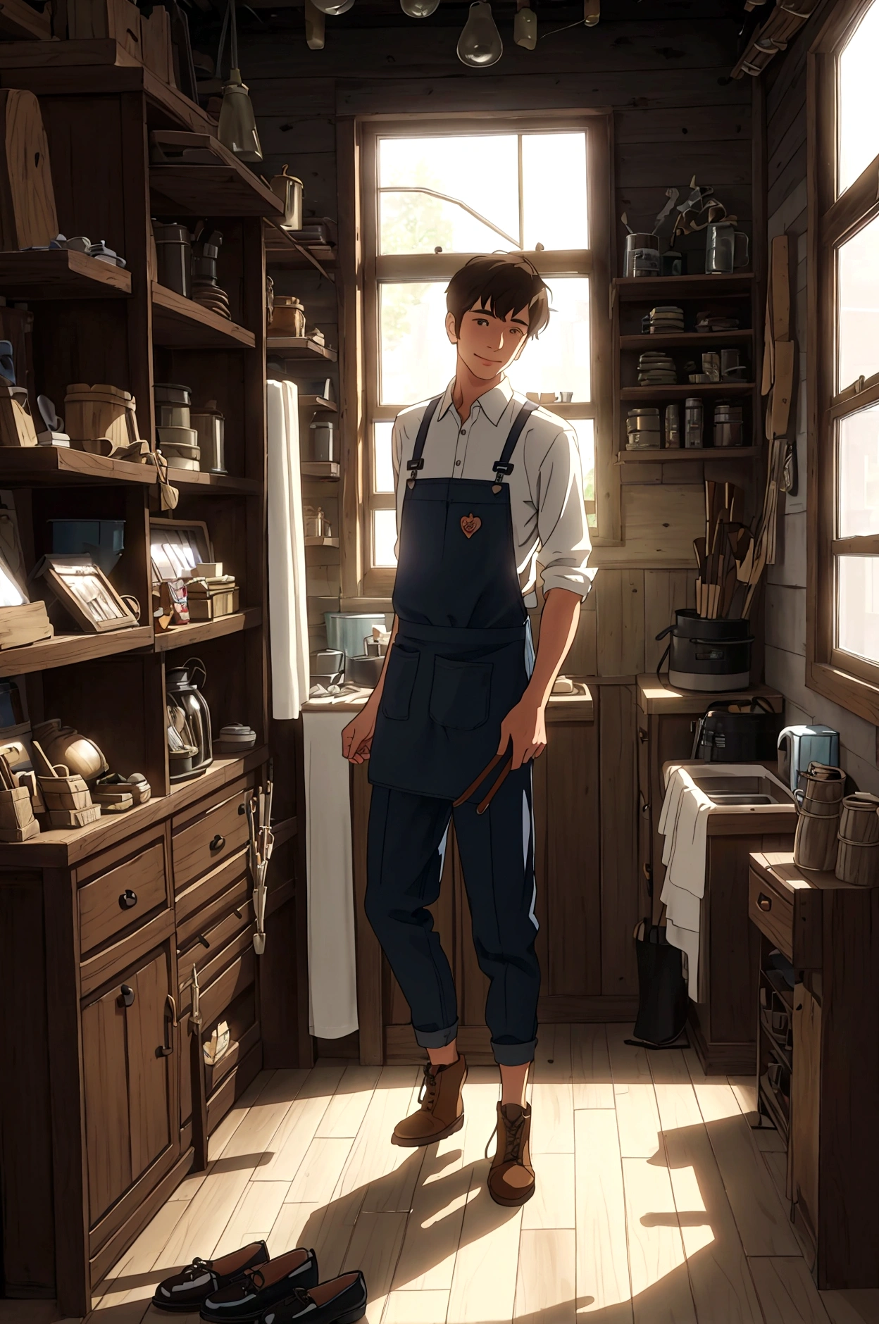 Sam, a 25-year-old shoemaker, stands with a warm smile in his cozy shoes shop. The view captures him from his stomach to his head, emphasizing his welcoming demeanor. His hair is neatly styled, and he has a gentle stubble. Sam's attire remains practical and tidy: a white shirt with rolled-up sleeves, brown suspenders securing dark trousers, and a well-worn leather apron adorned with various tools.Behind Sam, the shelves are neatly arranged with a variety of shoes—work boots, elegant heels, and casual sneakers. The walls of the shop are adorned with framed photographs showcasing the shop's heritage and craftsmanship. In the foreground, a cluttered wooden workbench displays tools and shoe repair materials, with a steaming cup of tea placed nearby.Soft daylight filters through a small window, casting warm light onto the wooden floor. Sam's eyes reflect both skill and empathy, embodying his dedication to his craft and his genuine care for his customers. The overall atmosphere is cozy and inviting, reflecting the heart of Sam's small business.