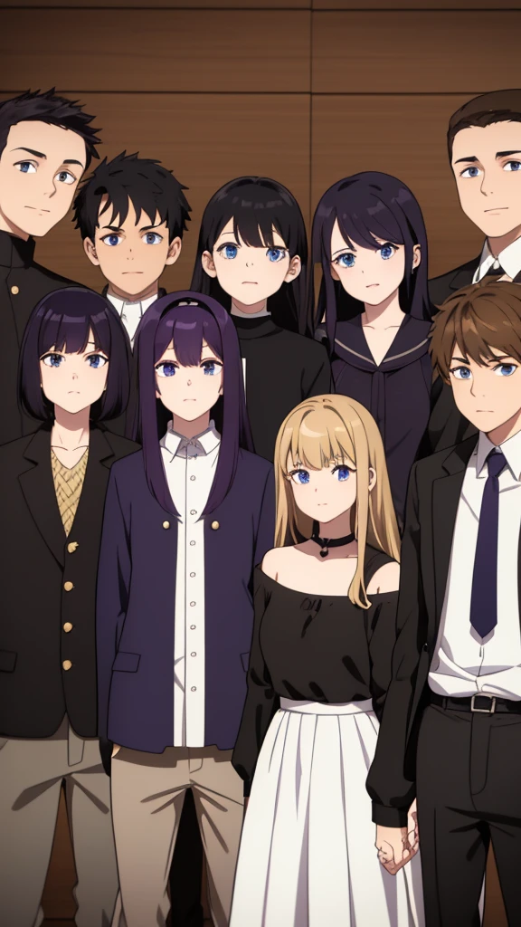 Only four people,  girls, boys, one girl has long dark purple hair, black eyes, the other girl has black hair with bangs, brown eyes, one boy has white hair and blue eyes, And the other boy has blond hair and brown eyes, they are all wearing black clothes They are wearing black choir clothes and nonja masks