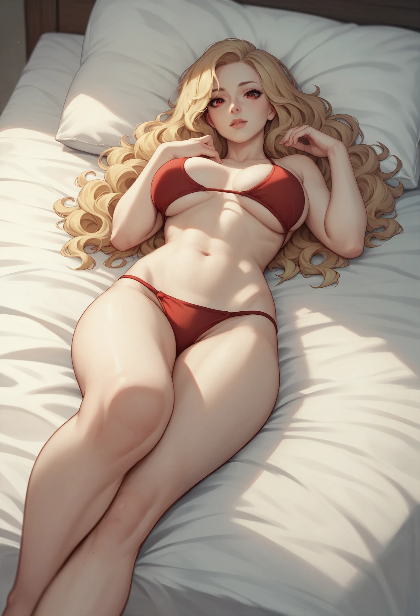 blonde woman with long wavy hair, slanted red eyes, white skin, sexy and innocent look, semi-naked, lying on a bed, legs open, wearing a one-piece red bikini, semi-realistic, good curvy body,perspective photography,Full hd