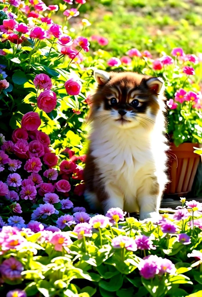 beautiful siberian puppy, playing with flowers in the spring, warm and sunny day, image that generates tenderness,