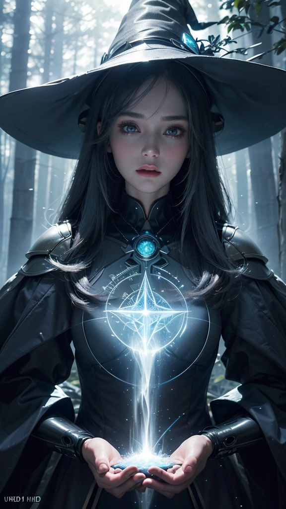 Futuristic robot witch in enchanted forest、(witch hat)、cybernetic enhancement、(mechanical limbetal texture、(upper body portrait)，Create a mysterious and enchanting atmosphere，Glittering symbols and runes、sparkling particles、sparkling mist、strong color palette，（best quality，4K，8K，masterpiece：1.2），Ultra-detailed，（lifelike，Photo lifelike，Photos are real：1.37），HDR，ultra high definition，studio lighting，super fine painting，clear focus，Physically based rendering，extreme detail description，major，vivid colors，Defocused，