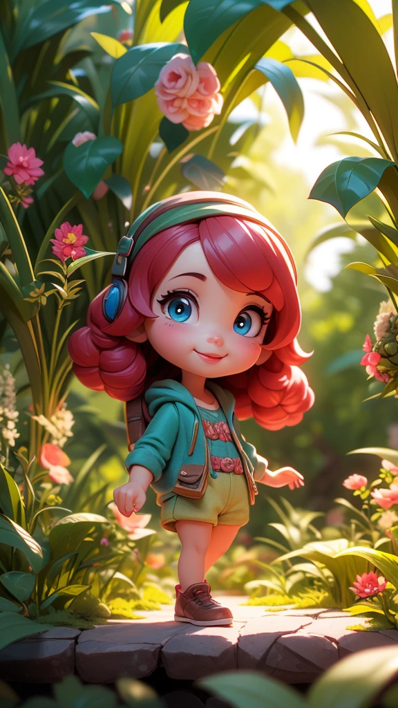 (best qualityer, 4K, 8K, highres, master part:1.2), ultra detali, (realisitic, fotorrealisitic, fotorrealisitic:1.37), playful, animated cartoon, Kizi, smile cute, plein-air, 3D rendering, beautiful detailed eyes, beautiful detailed lips, extremely detailed eye and face, long eyelashes, brightly coloured, soft lighting, summer scenery, grama verde, lively atmosphere, 2x zoom