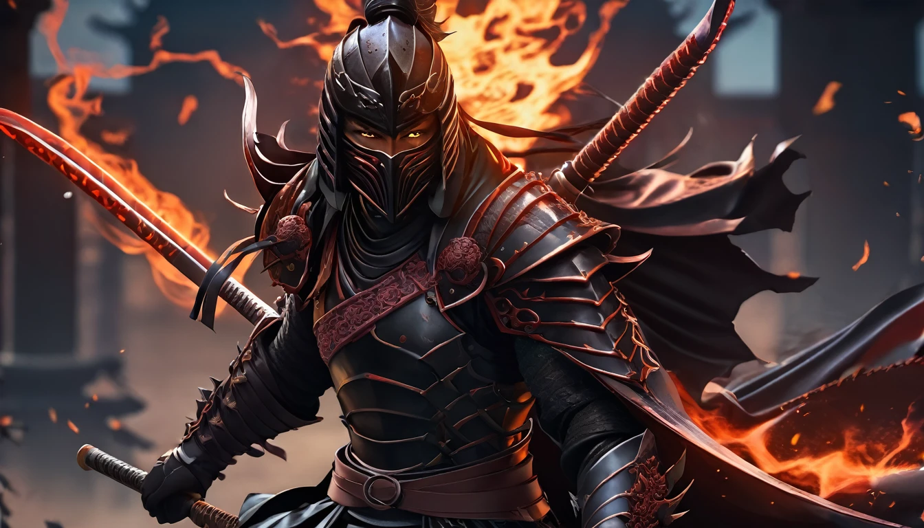 ninja mask, cape,close up, black heavy detailed clothes, katana, art, dark and malevolent, hand sword, armor, powerful and intimidating, (masterpiece, best quality, ultra-detailed, best shadow), (detailed background, dark fantasy) dramatic light, intricate details, dark and malevolent, powerful and intimidating, Dark and foreboding, malevolent force, sinister and chilling, armor, high detailed background, girl in demon slayer art, demon slayer art style, epic anime art, God death